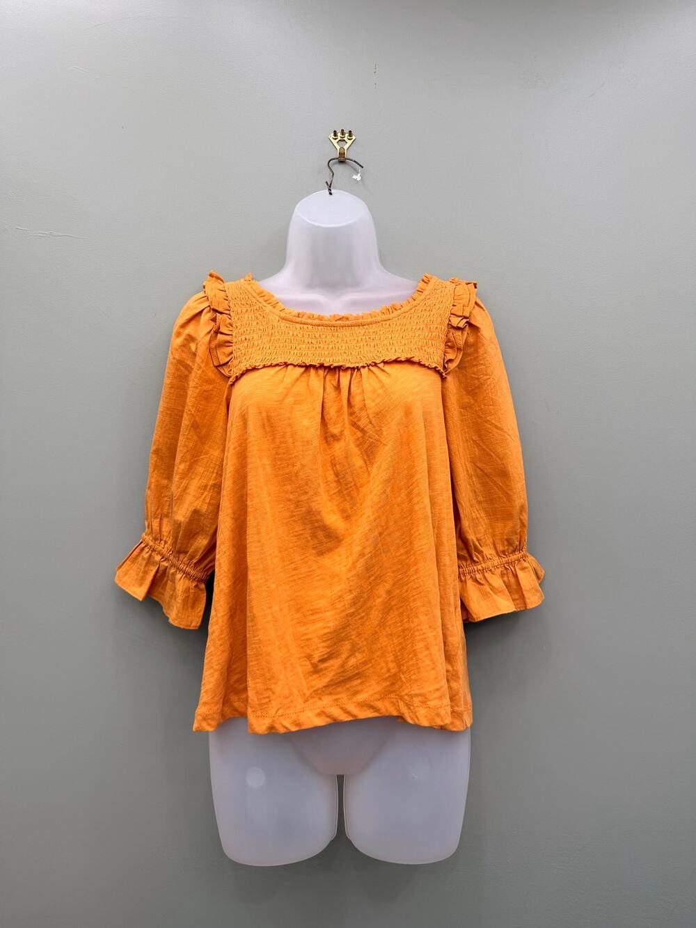 By Anthropologie Orange Smocked Ruffle Blouse S 100% Cotton Puff Sleeve Boho